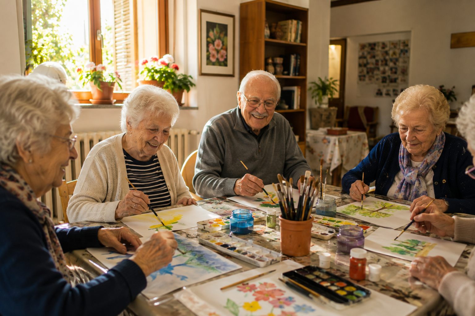 Ospiti di Casa Crisalide impegnati insieme in un laboratorio di pittura, sorridenti